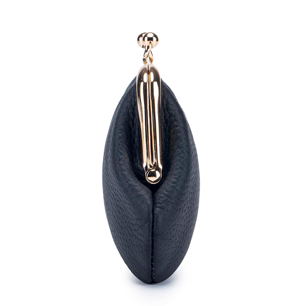 Genuine Leather Clasp Wallet, Small, Women's, Coin Purse, Divider, Lightweight, Cowhide Leather, Mini Wallet with Divider, Stylish Coin Case (Black)