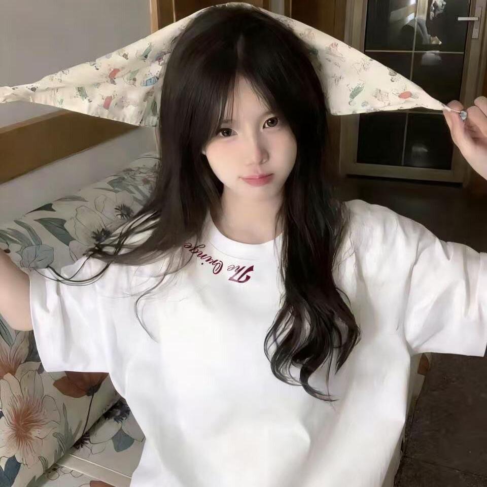 Cotton T-shirt American trendy letter print pure cotton short-sleeve T-shirt for women, summer lazy style loose short-sleeve