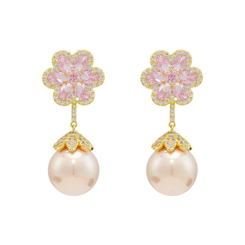 Light Luxury Micro-Inlaid Flower Cherry Blossom Pearl S925 Silver Needle Earrings European And American Micro-Inlaid Zircon Jewelry Factory Wholesale