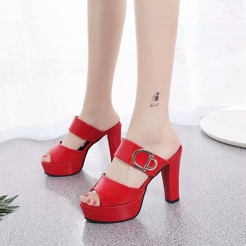 Ladies Leather Sole Slippers Women Sexy High Thick Heel 12cm Mules Black Red White Peep Toe Platform PU Sandals Shoes Breathable