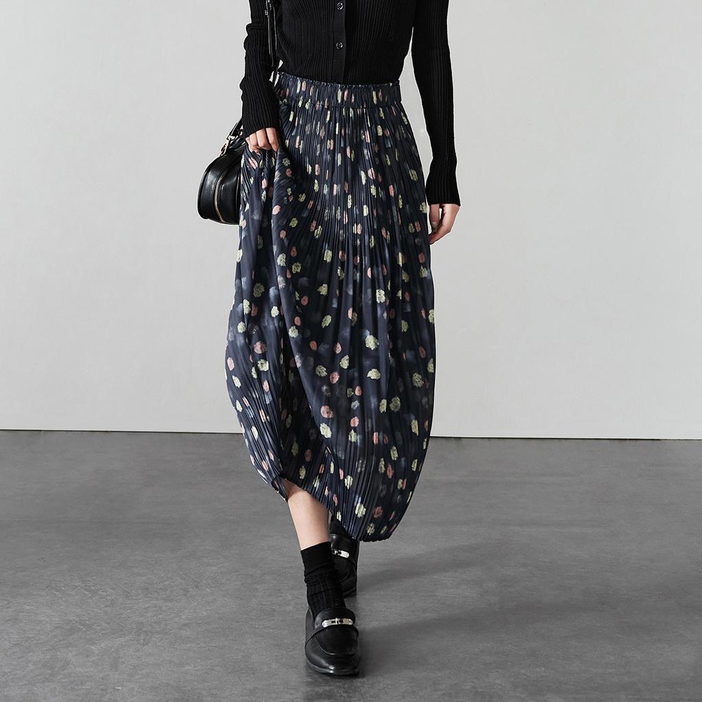 High waisted polka dot printed pleated skirt 2026 spring fashion loose and versatile mid length skirt