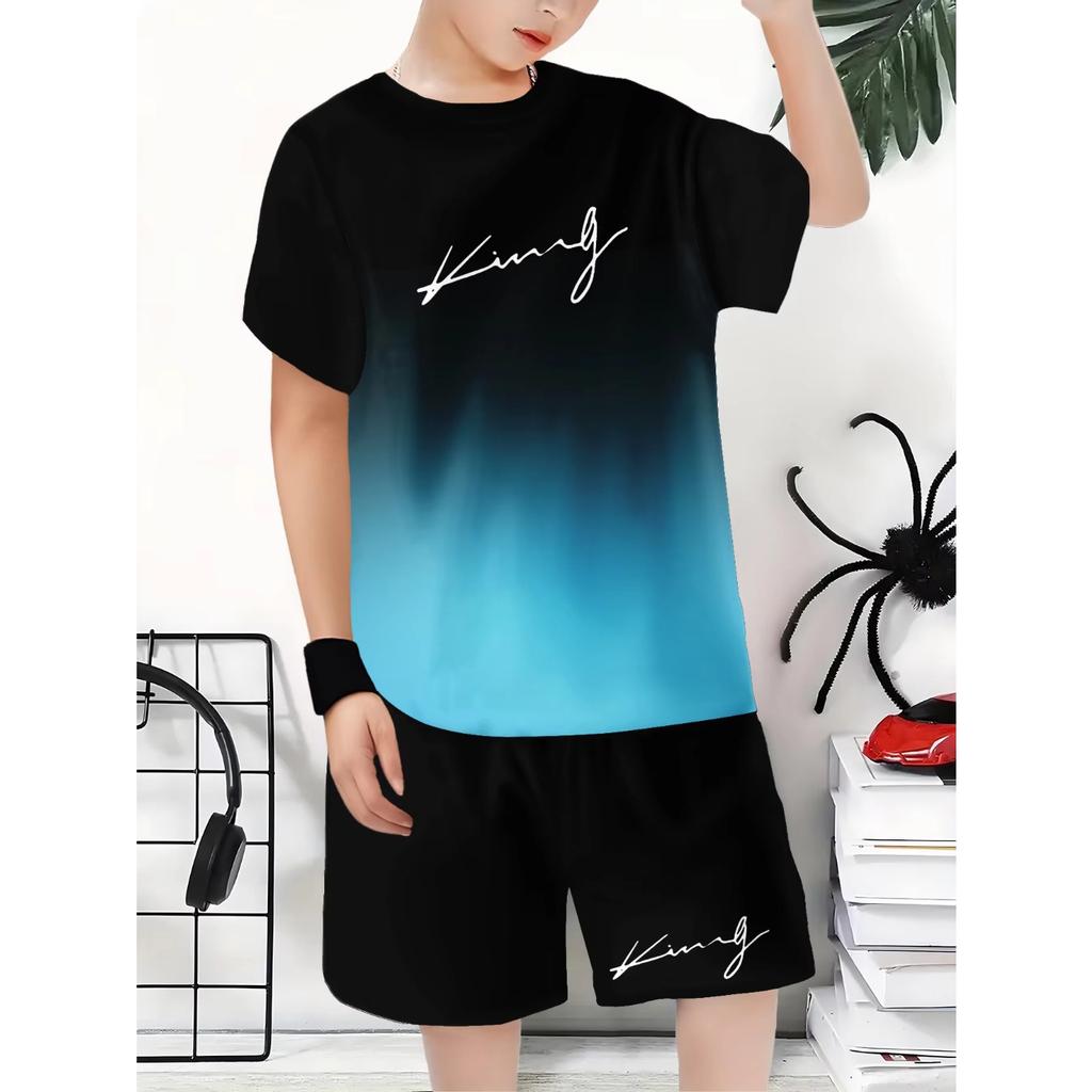 Kids Clothes King Letter Theme Gradient Printed Set for Boys  Summer Outdoor Children's Casual Fashion Streetwear Outfit