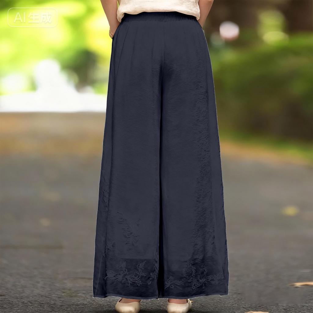 Pantaloni Casual da Donna alla Moda in Cotone e Lino Ricamati a Doppio Strato con Gamba Dritta