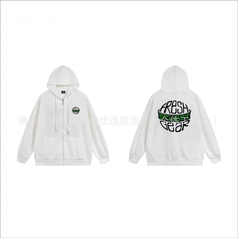 Stu Unisex Hooded Zip-Up Sweatshirt With Letter Print Fleece-Lined Oversized Fit Winter Casual Wear
