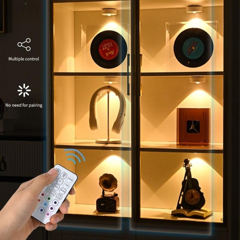 RGB LED Cabinet Light Magnetic Rechargeable Spotlight Remote Control Dimmable Wardrobe Display Case Lamp Type-C Charging