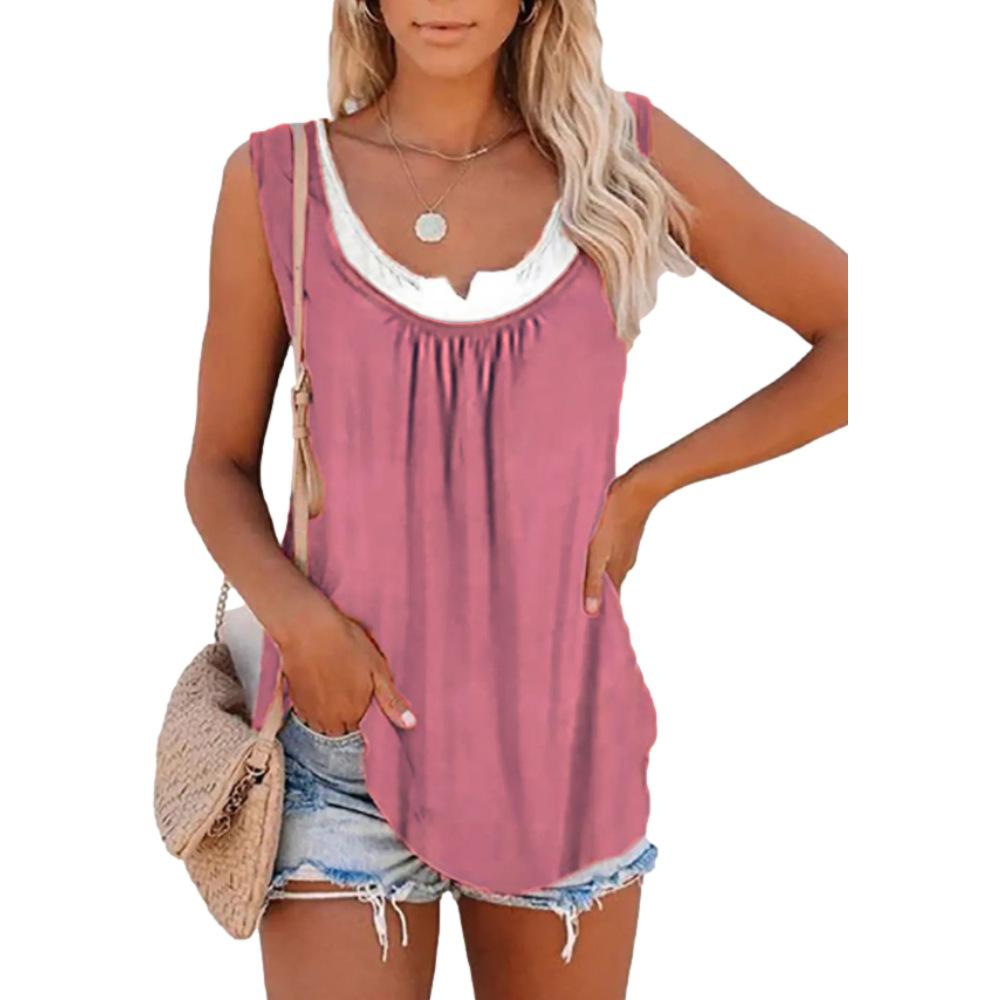 T-shirt con gilet senza maniche a due strati finto da donna patchwork estivo Canotta con fondo da donna elegante casual allentata