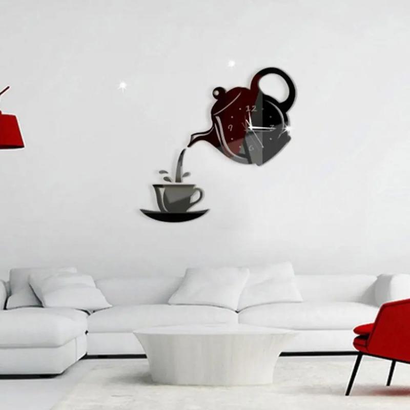 Zegar ścienny DIY 3D Akrylowy Cichy Lustrzany Zegar do Zawieszenia na Ścianie Styl Czajnika do Kawy Naklejka Lustrzana Zegar Salon Dekoracja Ściany Domu
