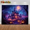 Mocsicka Halloween Purple Castle Photo Background Night Terror Forest Tree Bat Jack-O-Lanterns Party Decors Photography Backdrop