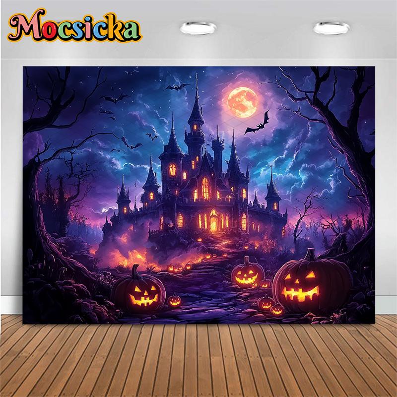 Mocsicka Halloween Purple Castle Photo Background Night Terror Forest Tree Bat Jack-O-Lanterns Party Decors Photography Backdrop