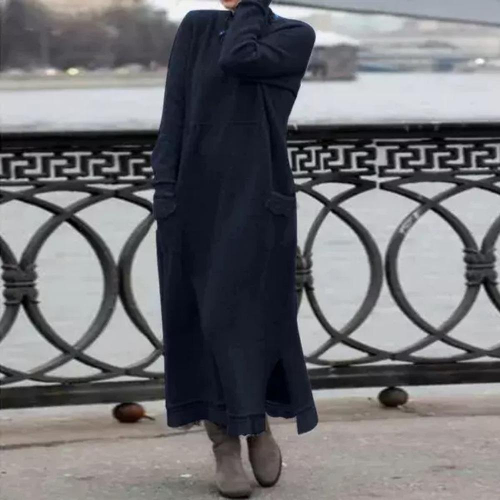 LYRIA New Autumn and Winter Loose Long Skirt Plus Velvet Sweatshirt Casual Dress Women Fashion Solid O Neck Long Sleeve Holiday Dress 5XL