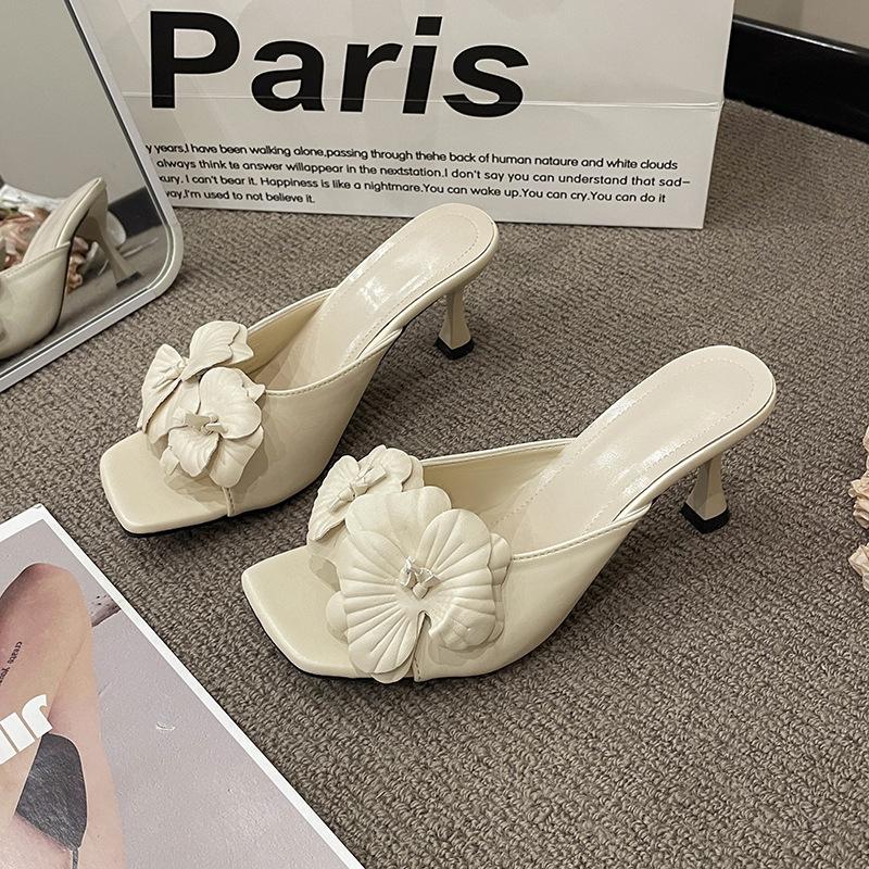

French stiletto sandals 2025 spring and summer new one-word drag versatile niche fashion three-dimensional flower women s shoes accessories 35 абрикосовий