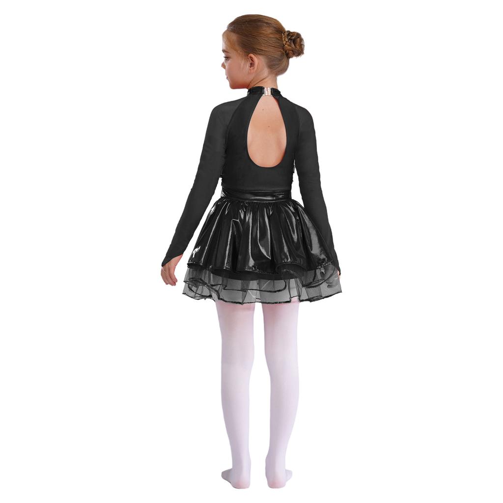 Mädchen Metallic Tutu Kleid Pailletten Durchsichtiges Mesh Langarm Design Schlüsselloch Rücken Funkelndes Tanzkostüm
