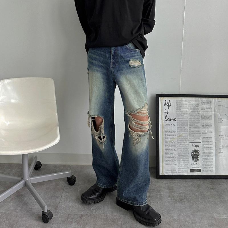 Washed ripped jeans men's autumn loose niche wide-leg trousers Korean version trendy old straight-leg trousers