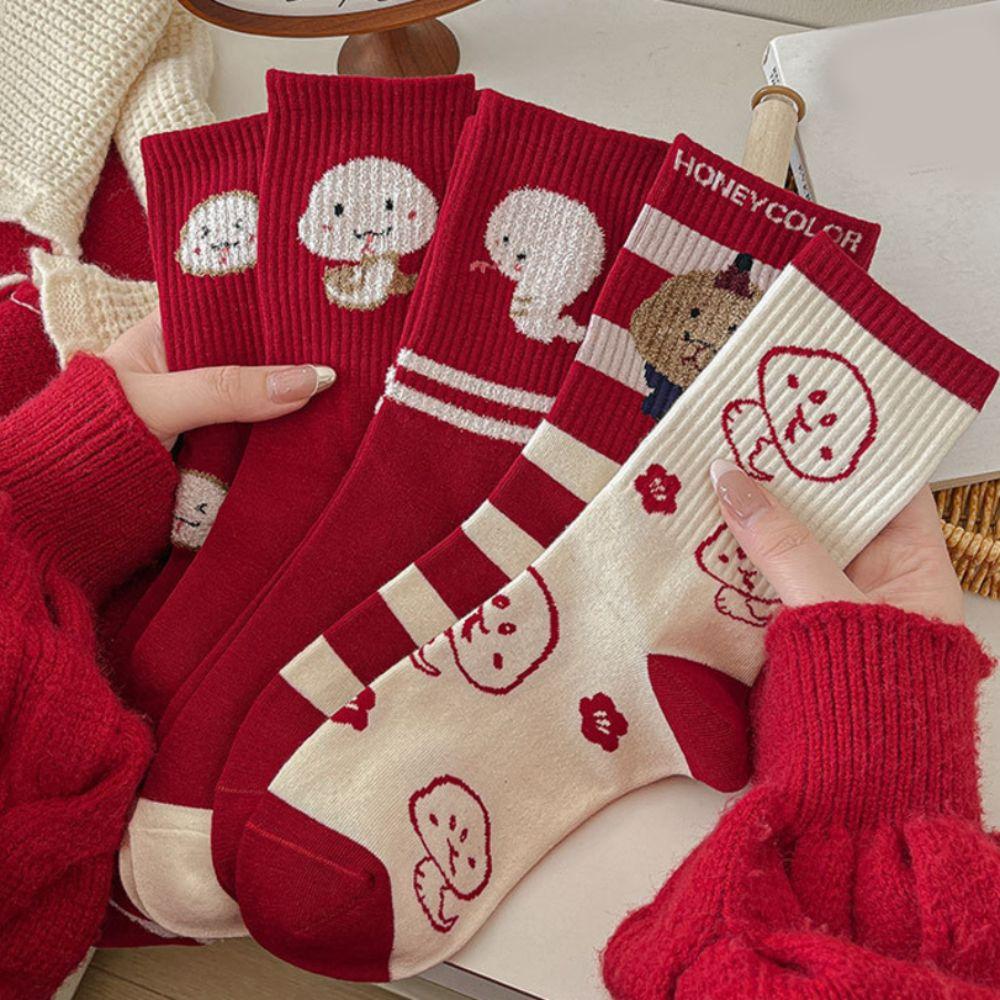 

5Pairs Snake Good Luck Cotton Socks Cartoon Mid Tube Socks Warm Red Cotton Sock Girl Women Style B