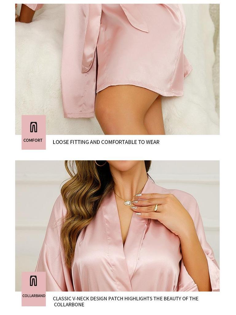 Women's Solid Color Silk-Like Pajama Robe - Long, Sexy Tie-Up Bathrobe & Loungewear