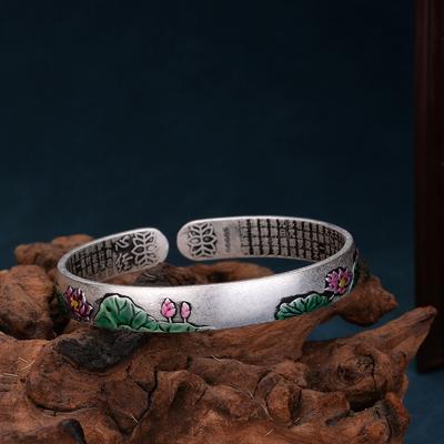 Opening Burnt Blue Vintage Lotus Edge Leaf Enamel Color Bracelet Cloisonne Personalized Heart Sutra Drip Adhesive Bracelet Birthday Gift