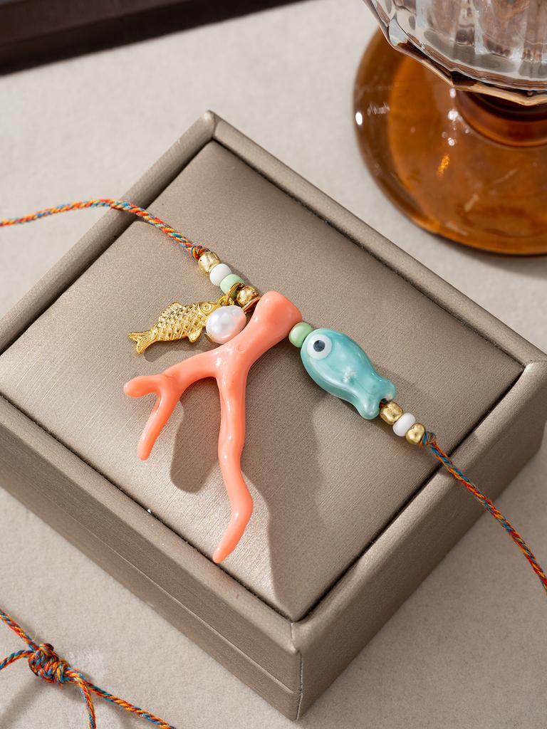 Charm Ocean Imitation Coral Glass Fish Pendant Rope Necklace Women's Vacation Party Accessories