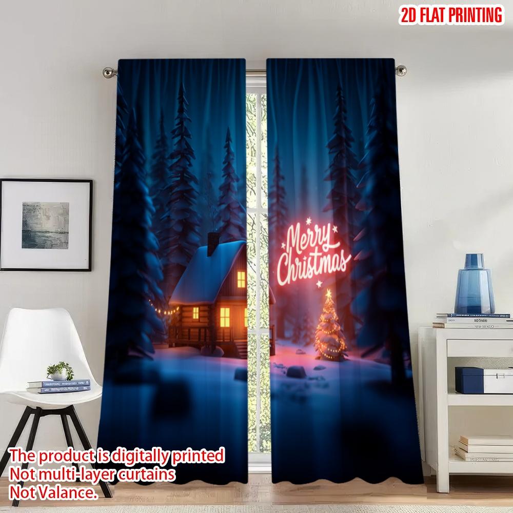 

Set Of 2 Classic Flat Printing Christmas Hot Curtains Cozy Cabin Scene Digital Printed Polyester Drapes Family Party Curtain W100*H70(CM)-Rod Pocket&1PCS