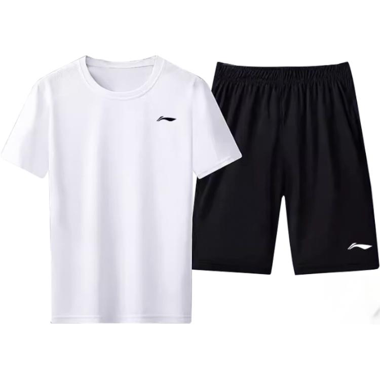 Li Ning Solid Color Round Neck Pullover Short Sleeve T-Shirt And Mid Waist Shorts Casual Sports Set Men sets YATU077-3