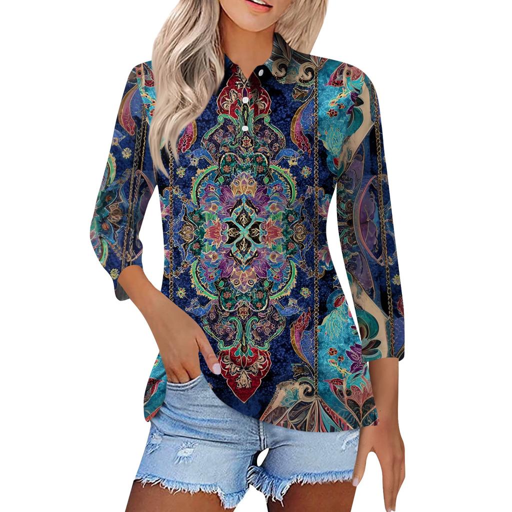 Women's Fashion Casual Lapel Short 3/4 Sleeve Print Shirt Women's Button Up Tops