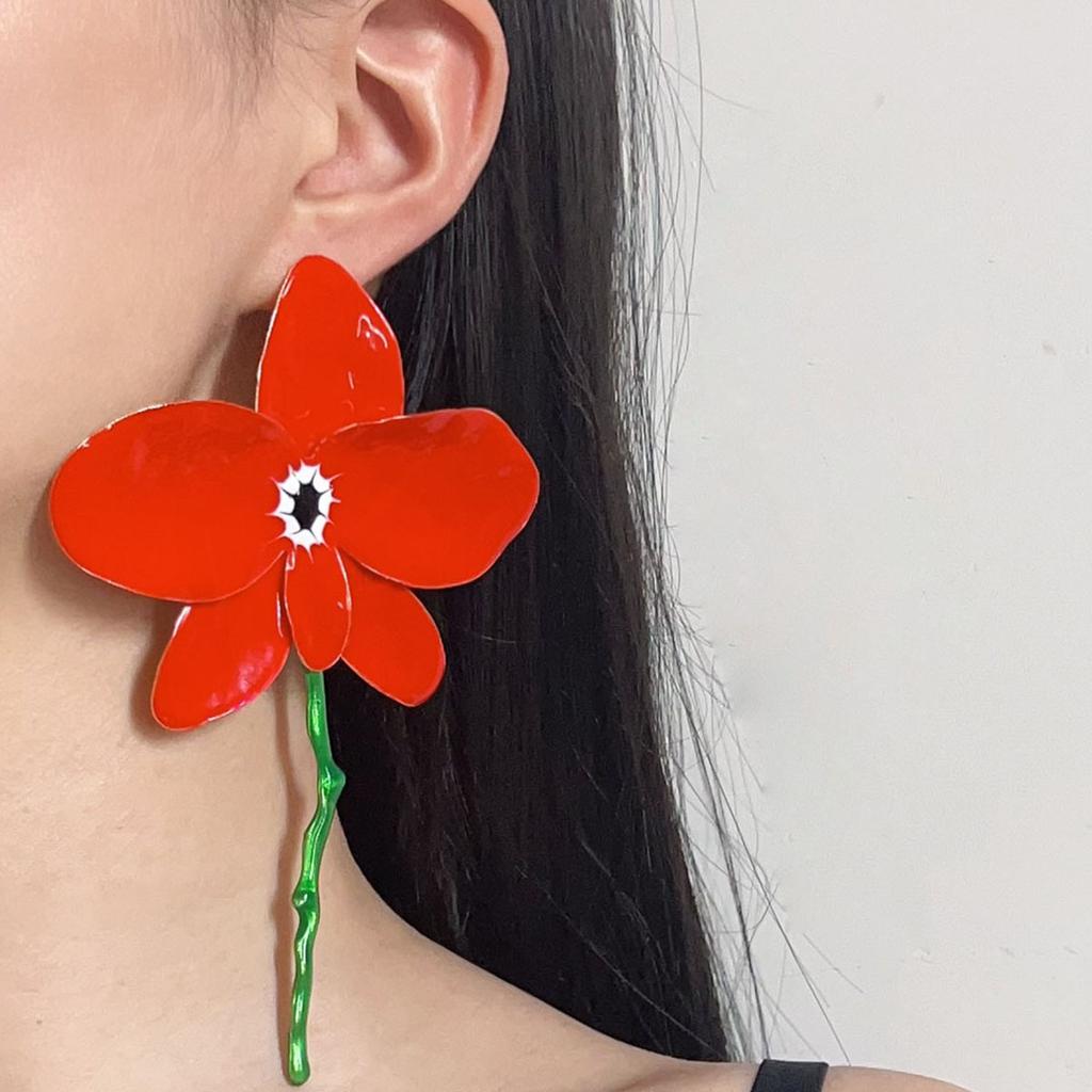ZA Fashionable New Personalized Red Drip Enamel Metal Large Flower Earrings, Simple and High-end Exquisite Sense
