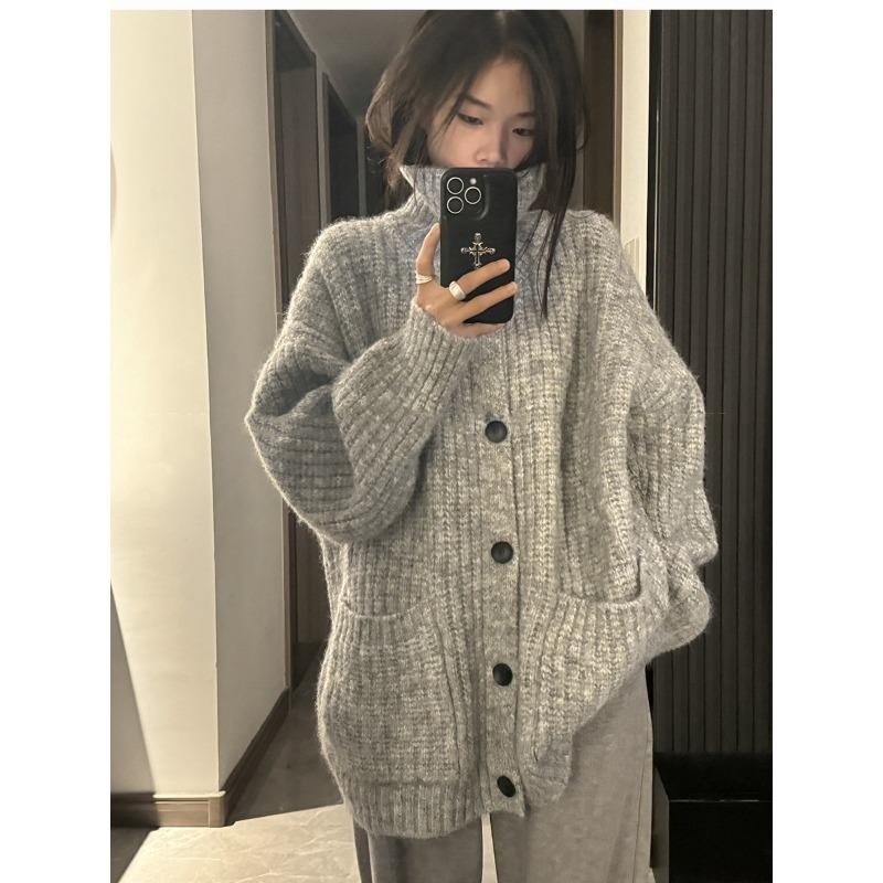 Gray soft waxy turtleneck cardigan sweater jacket women wear lazy wind loose medium and long knitted sweater in autumn and winter