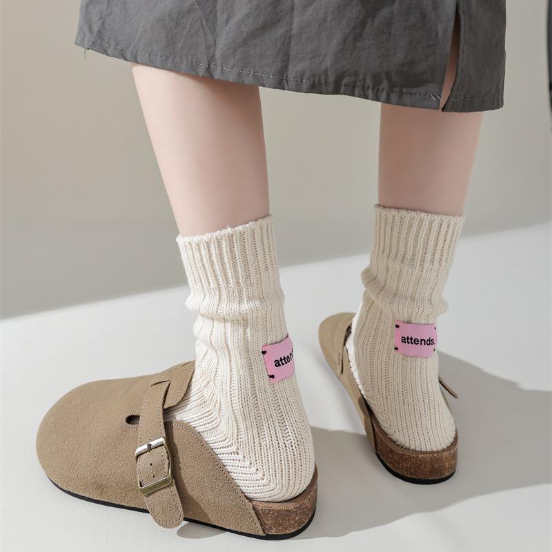 Japanese Pink Label Chunky Knit Mid-Calf Socks - Unisex Solid Color Raw Cotton