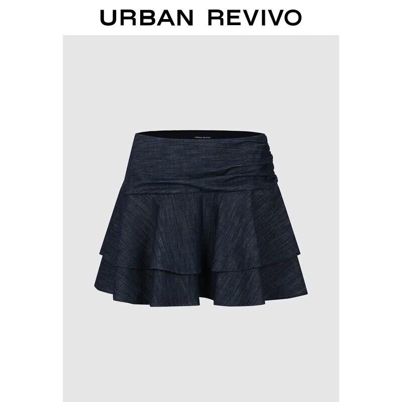 UR2026 Women s Layered Pleated Denim Mini Skirt L