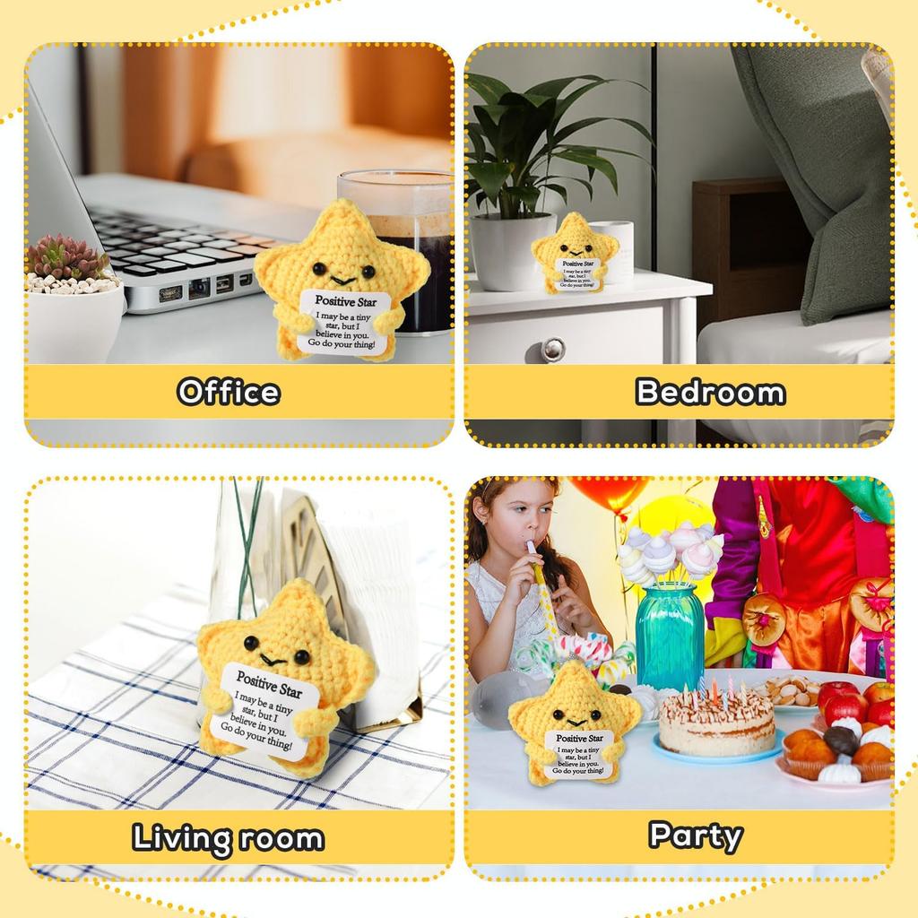 Funny Positive Crochet Star Doll Desktop Ornament Handmade Cheer Emotional Support Positive Star with Card Home Party Decoration
