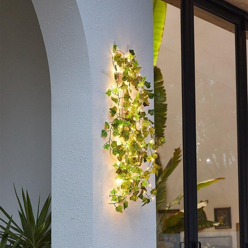 Solární břečťanové řetězové světýlka, umělá světla z révy vinné, girlanda, vílí řetězová světla, zelené listy z révy vinné, venkovní pro párty a zahradní dekoraci