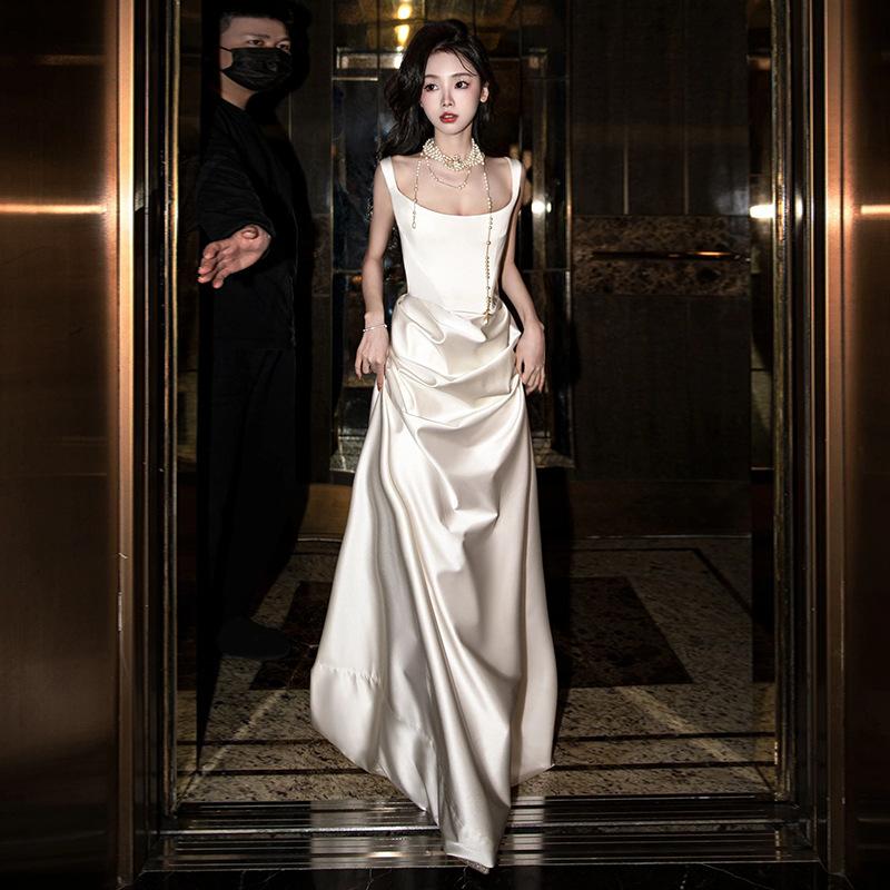 Light Wedding Dress Bride Simple Daily Satin Suspender Small White Dress Dress High-end Light Luxury Niche Host Dress