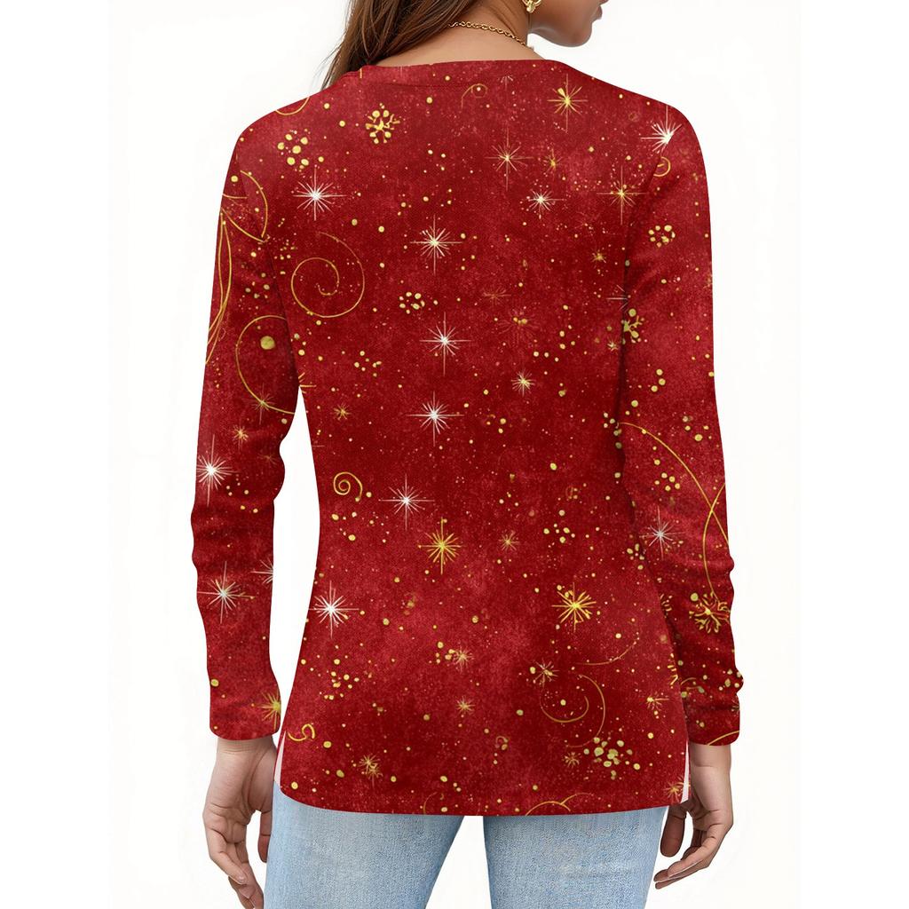 Women's Fashion Casual Slit Hem Round Neck Long Sleeve Loose Christmas Printed T-Shirt Ladies Top
