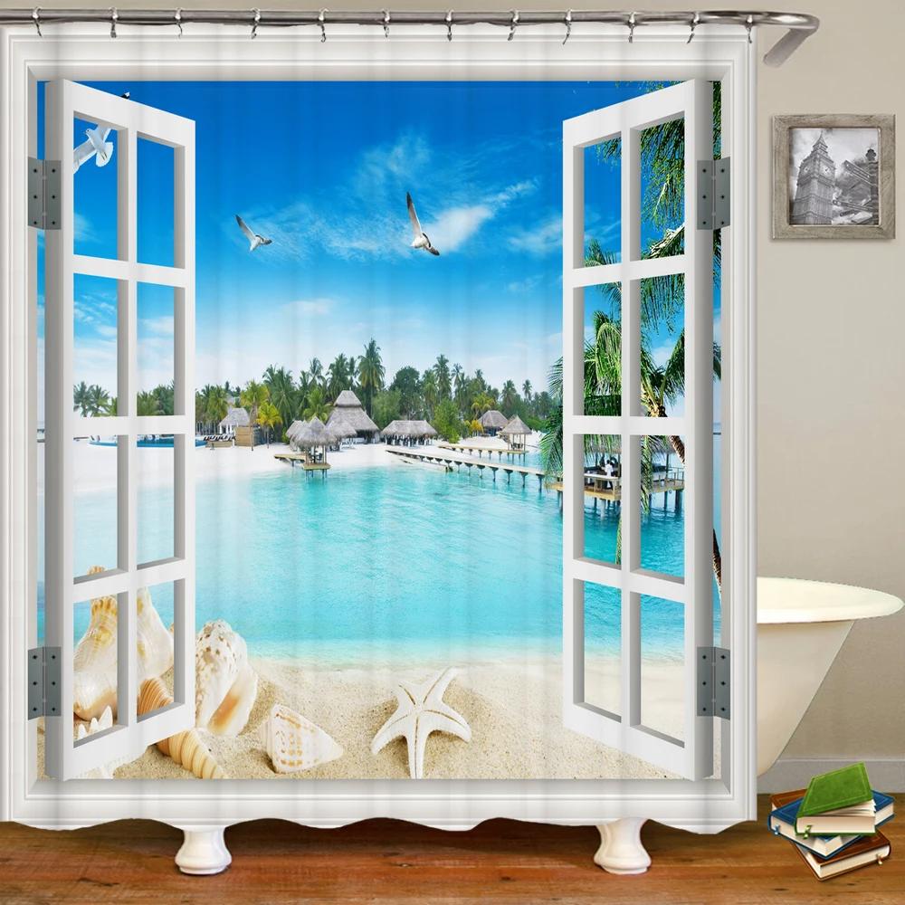 3D Window Opening Scenery Beach Landscape Printing Shower Curtain Washable Fabric Curtain Bathroom Decoration with Hook Curtain