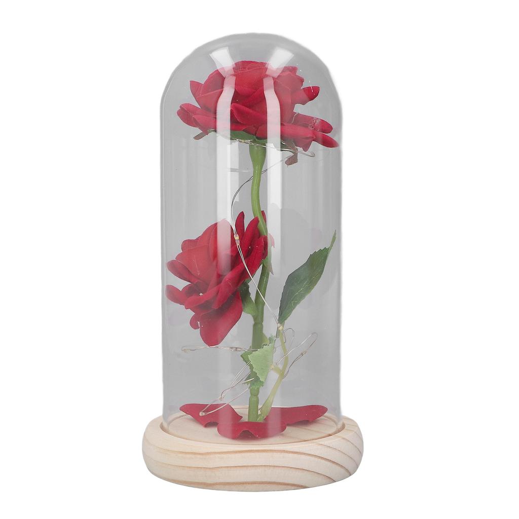 Valentine Day Artificial Flowers Glass Decor LED Light Wooden Base 2 Roses Ornaments for Girlfriend