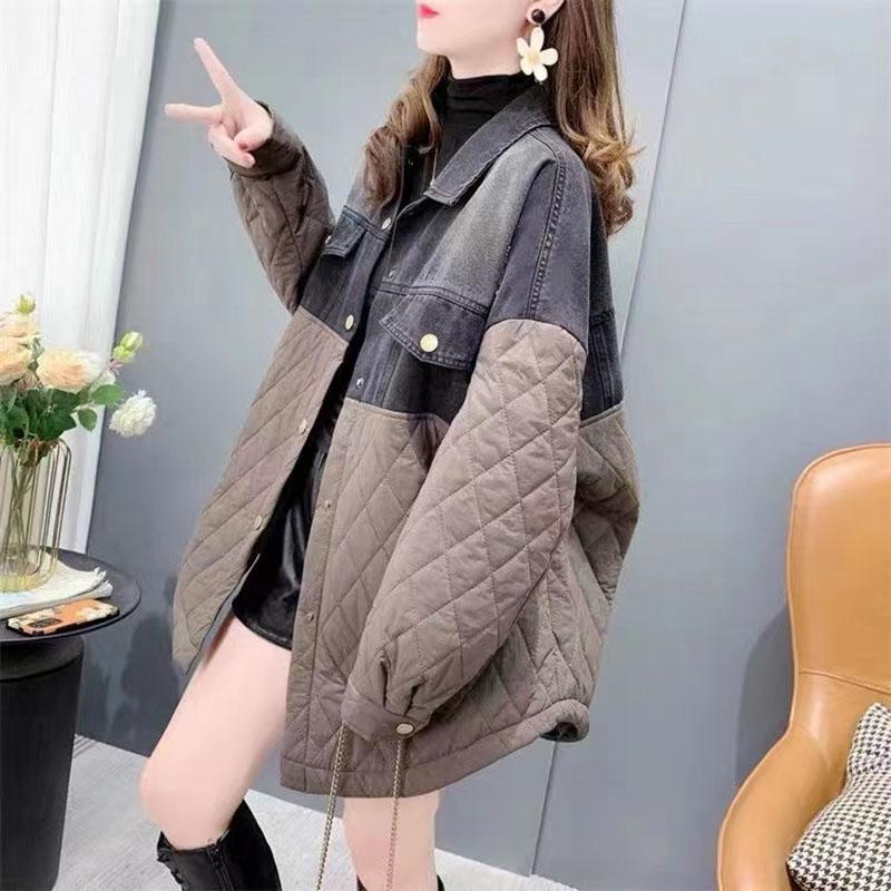 

2024 Новая джинсовая рубашка с вышивкой, куртка с хлопковой подкладкой, женская осенне-зимняя новая куртка с длинным рукавом, повседневная свободная верхняя одежда для женщин One Size коричневый