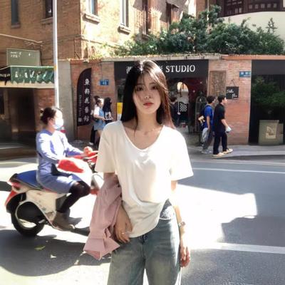 U-neck T-shirt Women's Short-sleeved White Shoulder Summer 2024 Large Neckline Loose Slimming Inner Solid Color Top T-shirt