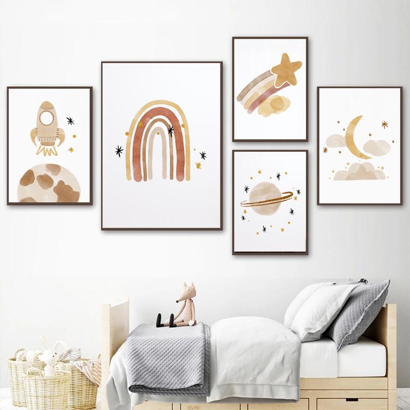 Wandkunst fürs Kinderzimmer, Sonne, Sterne, Mond, Erde, Poster und Drucke, Kinderzimmerdekoration, Cartoon-Universum, Bild für Kinderzimmer, Poster, kein Rahmen