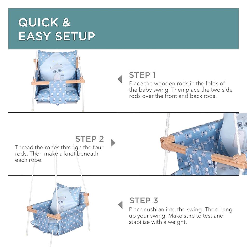 Swing for Kids, Baby Swing Hanging Indoor Outdoor, Kids Wooden Swing, Baby Garden Swing, Jhula for Kids with 2 Pillow (Blue Fox)