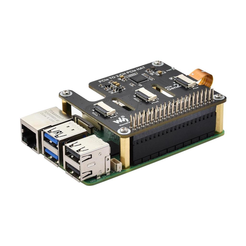 Raspberry Pi5 Dual-Channel PCIe HAT Expansion Board with Stackable 16P FFC Interface and GPIO Access.