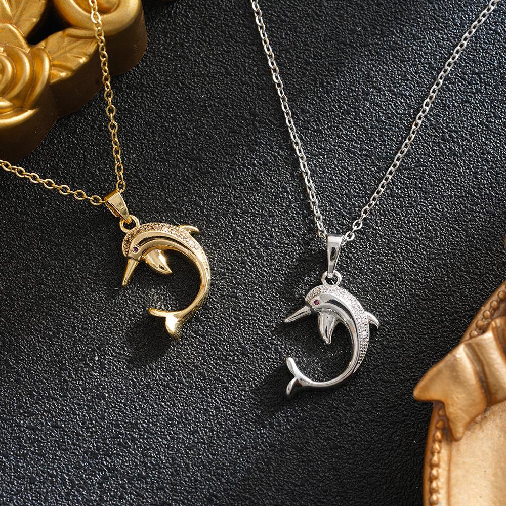 Trendy Titanium Steel Dolphin Necklace with Zircon Inlay