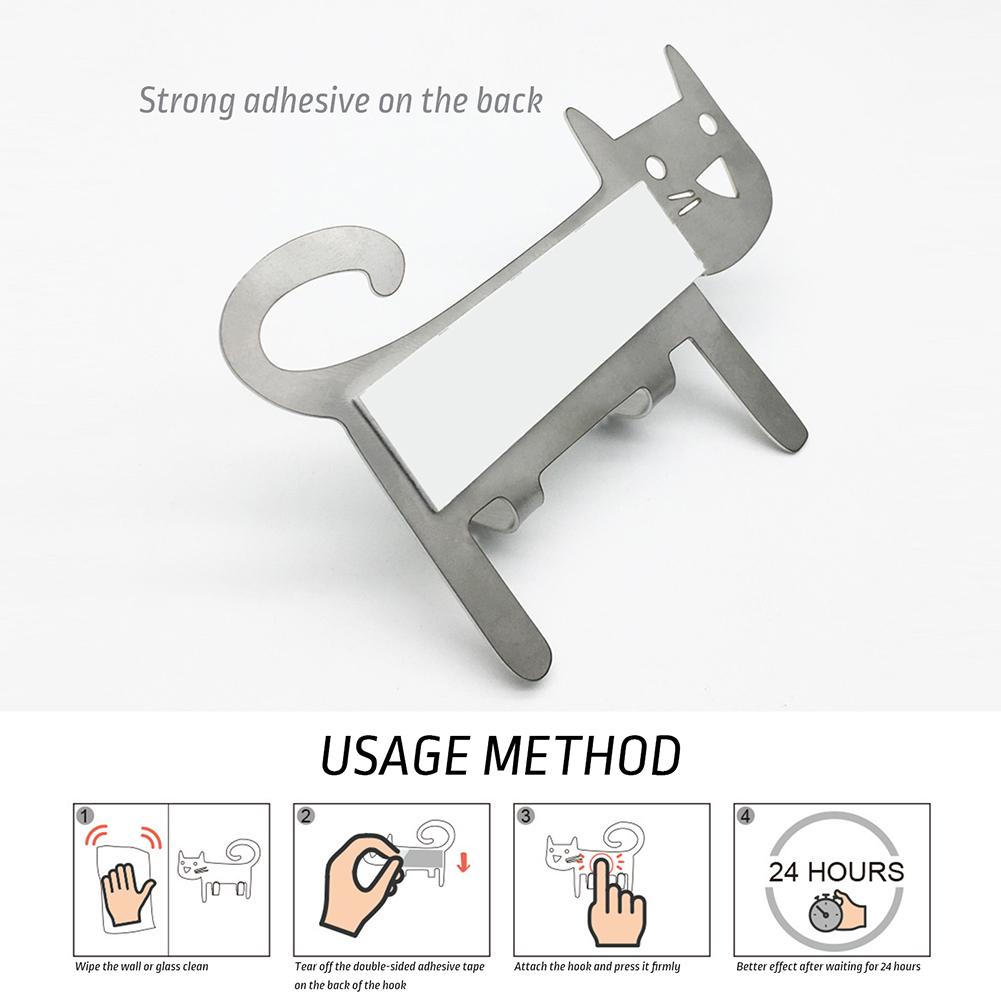 Stainless Steel Cute Cat Hook Wall Mounted Towel Hook Multipurpose Self-Adhesive Hook Practical Seamless Hooks Bath Robe Hook