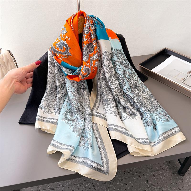 Retro Cashew Nut Simulation Silk New Silk Satin Fashion Sunscreen Spring And Summer Style Silk Scarf Long Scarf Shawl Versatile Headscarf Scarf