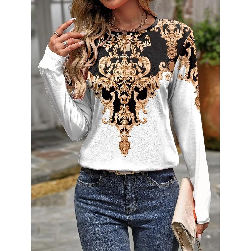 

Женская футболка с 3D-принтом, этническим цветочным принтом, повседневная мода, повседневные футболки с длинным рукавом, с круглым вырезом, черные топы на весну и осень XXL