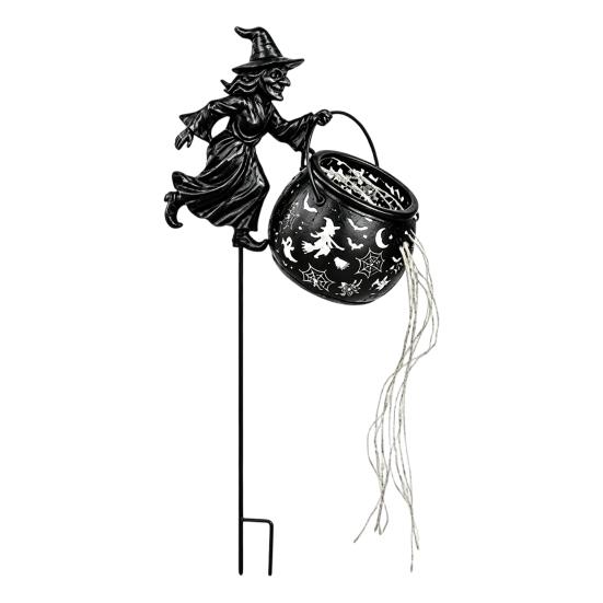 Vorgarten Feiertagszubehör Halloween Hexenkessel Gartenleuchte, Metallstab mit LED-Lichterkette Wetterfest Outdoor Dekorleuchten, Wasserdicht A black