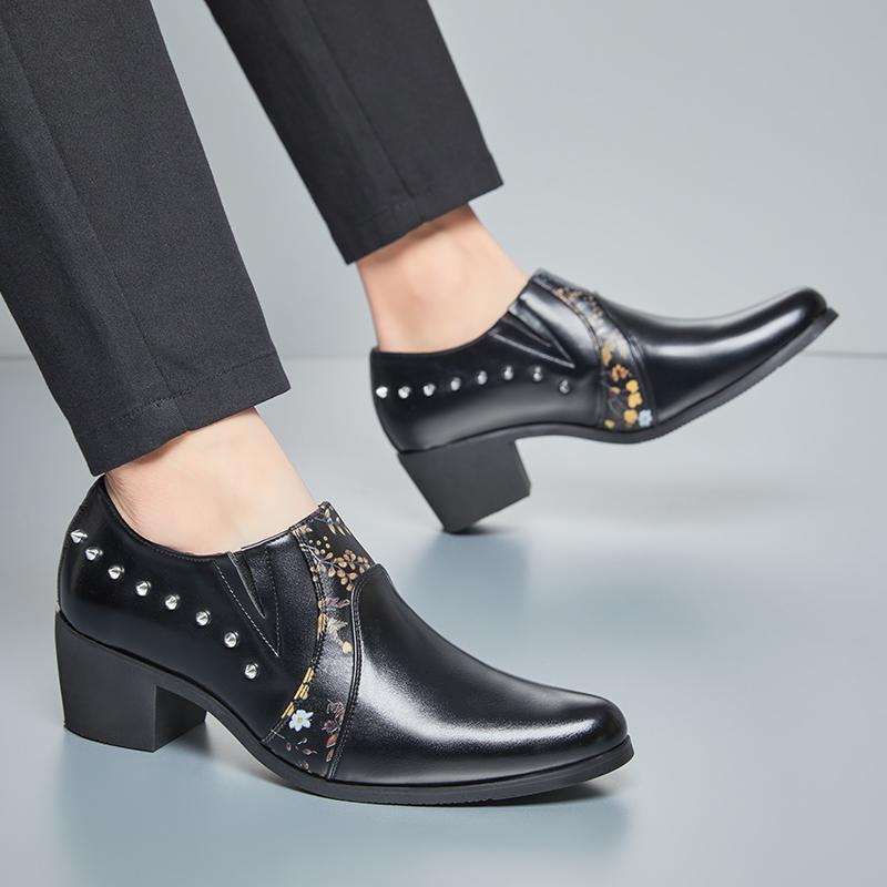 Retro High-heeled Pointed Leather Shoes Men's Large-size Business Dress Casual Shoes European and American Fashion Rivets Cuban Shoes Men