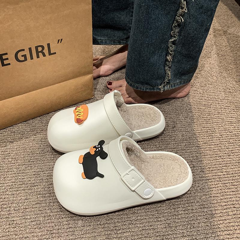 Women's Cotton Slippers: Cute Sausage Dog Design, Plus Velvet, Warm, Non-slip, Waterproof, Closed Toe for Autumn/Winter 2025.
