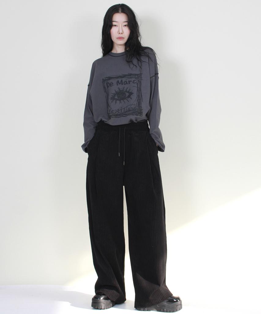 Deumakeu Wide-Fit Corduroy One-Pleat Elastic Pants Black