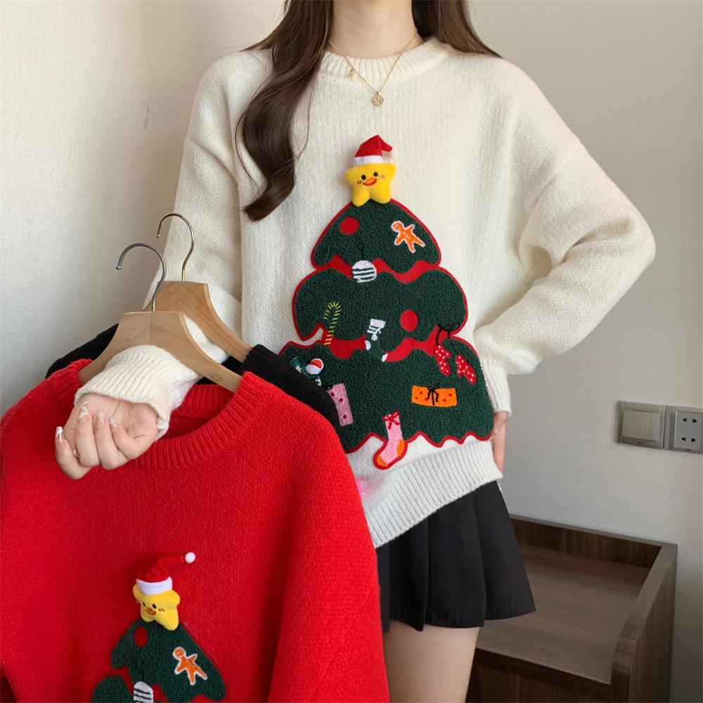 Women's Casual Round Neck Knit Red Christmas Sweater - Autumn/Winter 2025
