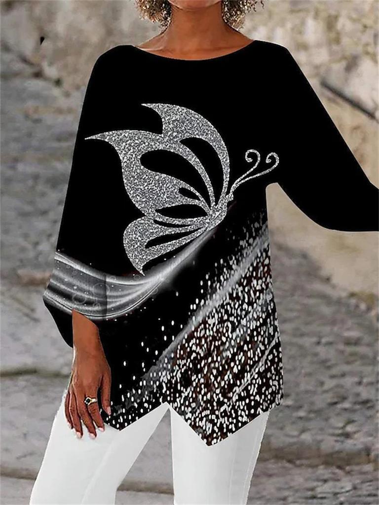 Fashion Geometric Printing Crew Neck Women Shirt Spring Summer Loose Plus Size Office Long Blouse Streetwear Casual Irregular Tops Elegant Clothing