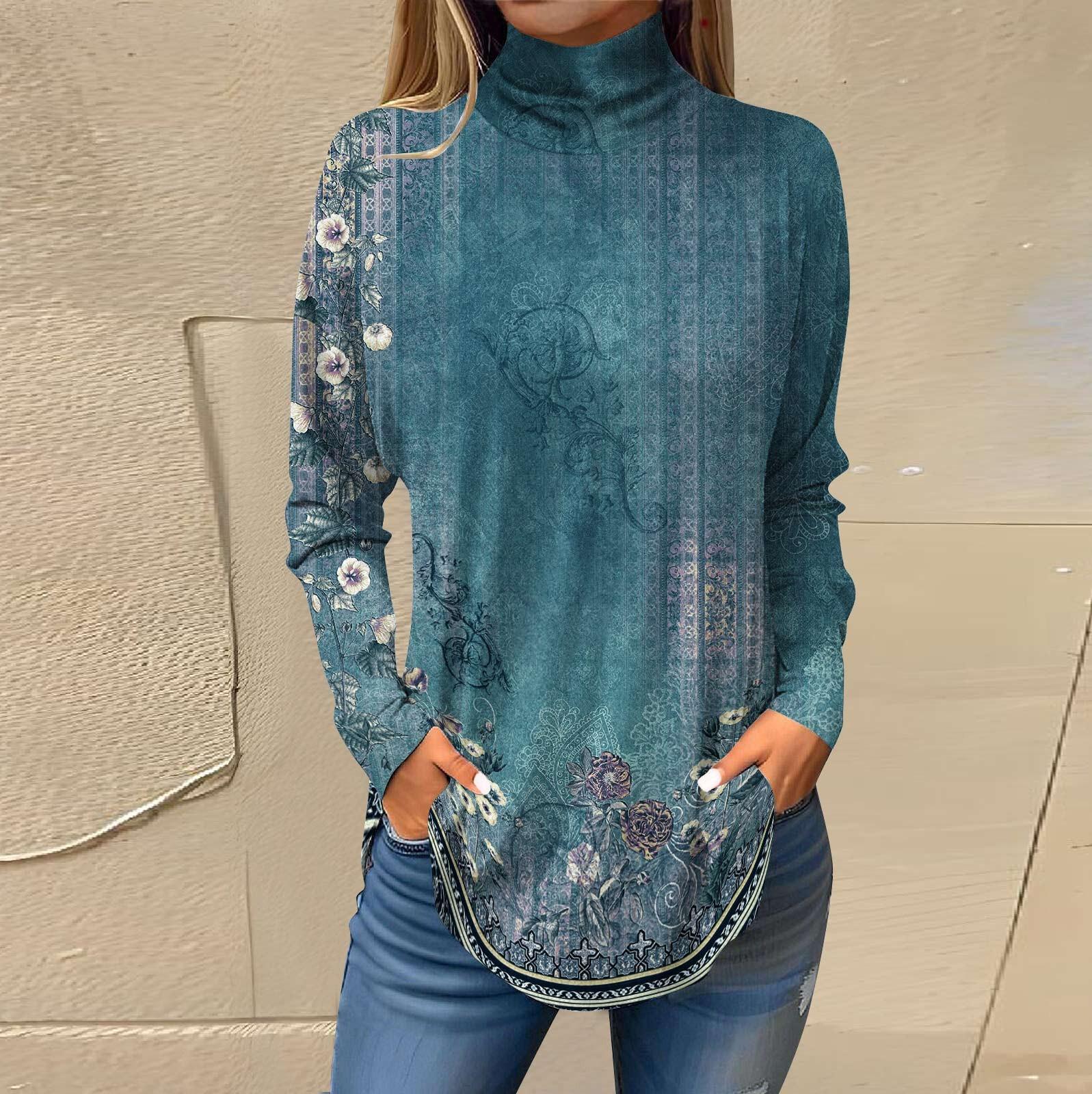 

Футболки для женщин, осенние повседневные рубашки с длинными рукавами, толстовка с винтажным принтом, топ с высоким воротом, пуловер XXXL бирюзовый